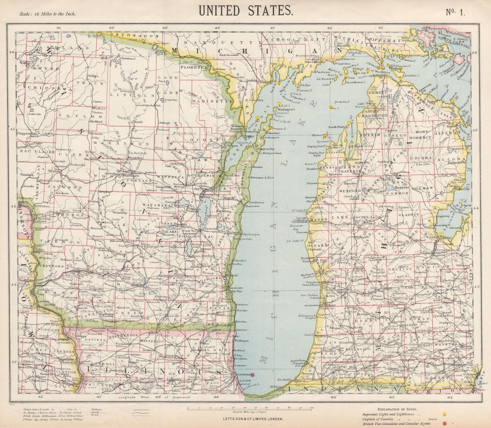 LAKE MICHIGAN. Wisconsin Michigan Chicago. Railroads Lighthouses. LETTS 1889 map